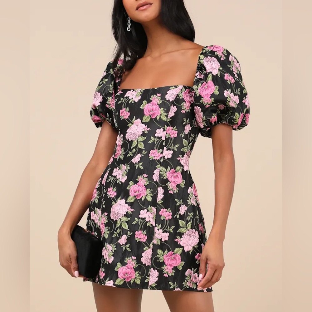 Lulus Completely Beloved Black Floral Jacquard Mini Dress wedding guest cocktail